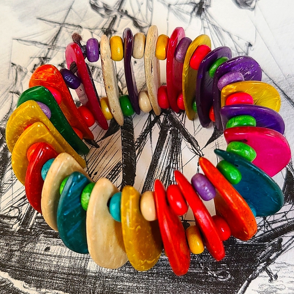 💥4/$20 Colorful Wooden Bracelet BOHO Style Stretch Beaded Wrist Bangle Cuff